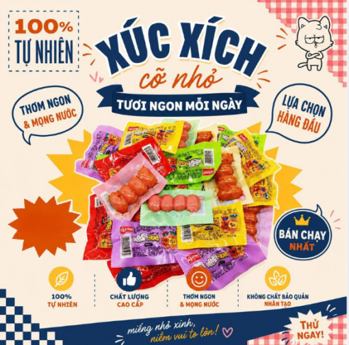 Xúc xích mini thơm ngon, mềm mọng nước, tiện lợi cho ăn vặt mỗi ngày. Đóng gói nhỏ gọn, hương vị hấp dẫn, phù hợp mang đi học, đi làm và du lịch.