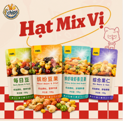 Hạt Mix Vị Fchips thơm ngon, giòn bùi với nhiều loại hạt hấp dẫn. Snack ăn vặt tiện lợi, giàu dinh dưỡng, phù hợp mang đi học, đi làm và du lịch.