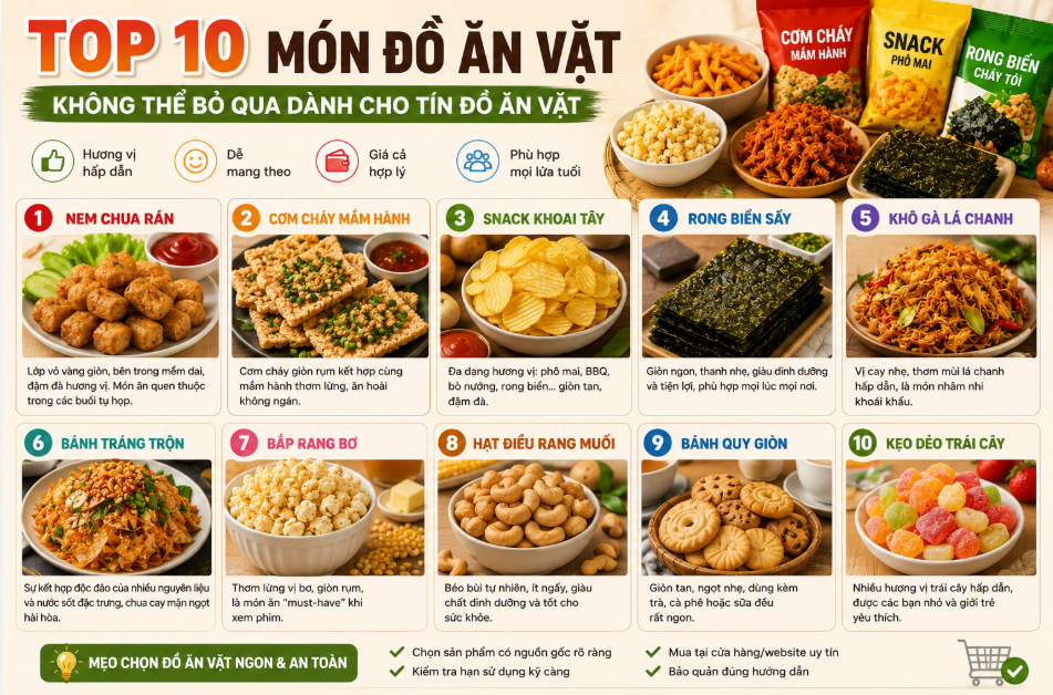 Thế giới món đồ ăn vặt luôn đa dạng và hấp dẫn với nhiều lựa chọn dành cho mọi lứa tuổi.